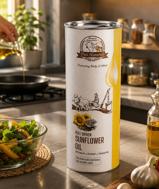 Desi Naturals Bull-Driven Cold Pressed Sunflower Oil – Pure, Nutrient-Rich & Heart-Healthy