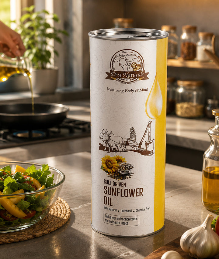 Desi Naturals Bull-Driven Cold Pressed Sunflower Oil – Pure, Nutrient-Rich & Heart-Healthy