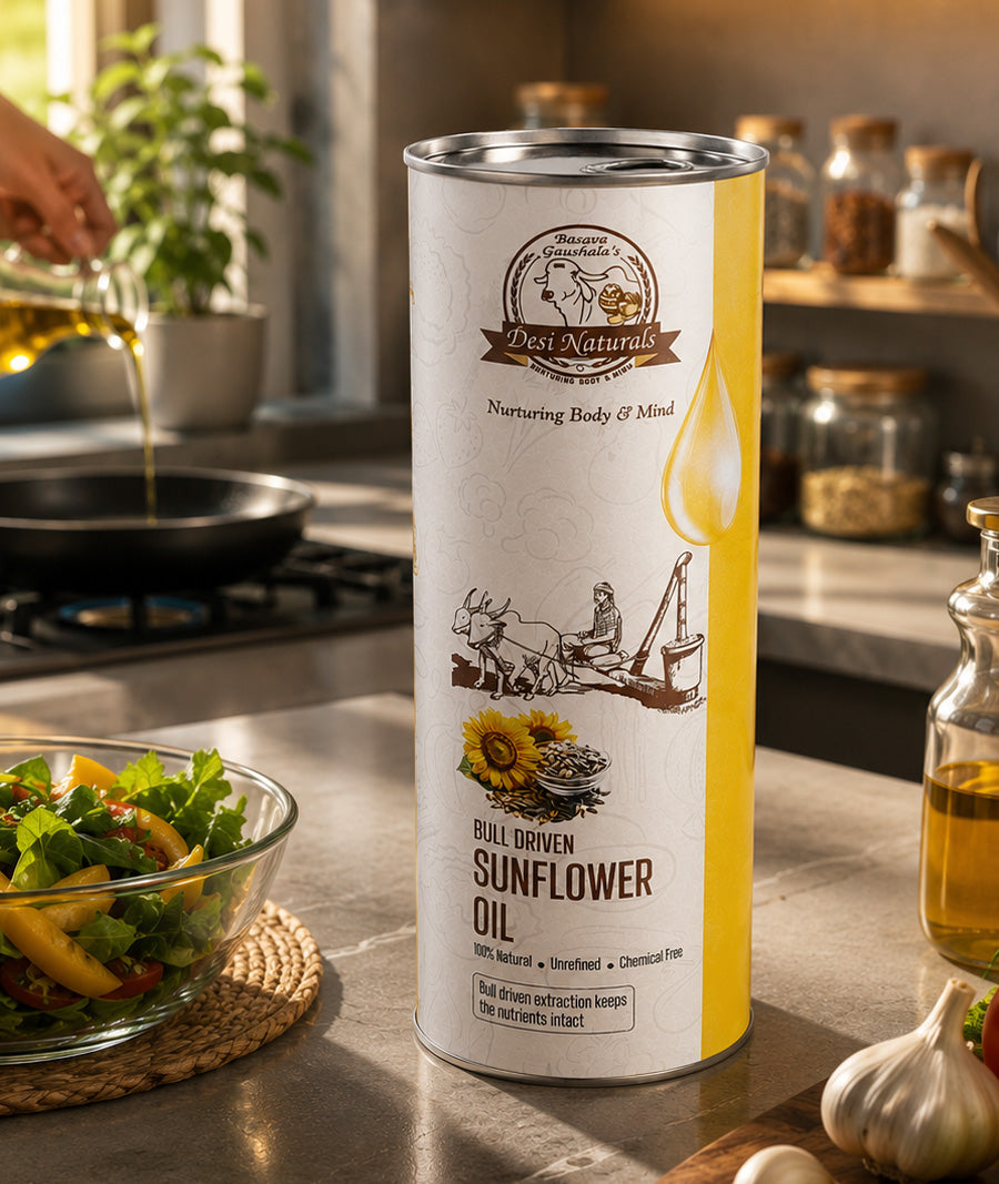 Desi Naturals Bull-Driven Cold Pressed Sunflower Oil – Pure, Nutrient-Rich & Heart-Healthy
